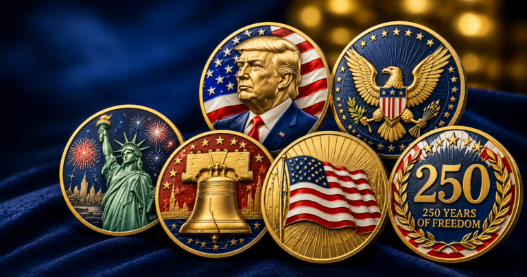 Full-color America 250 commemorative coin set on navy velvet — six vivid 1776–2026 designs: the Statue of Liberty with fireworks, a presidential portrait with the American flag, a bald eagle shield, the Liberty Bell, the American flag, and a "250 Years of Freedom" coin.