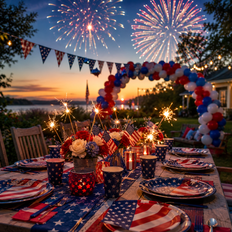 America 250 party supplies and decorations — patriotic red, white and blue table setting with balloon arch, sparklers and fireworks for a 1776–2026 Fourth of July celebration