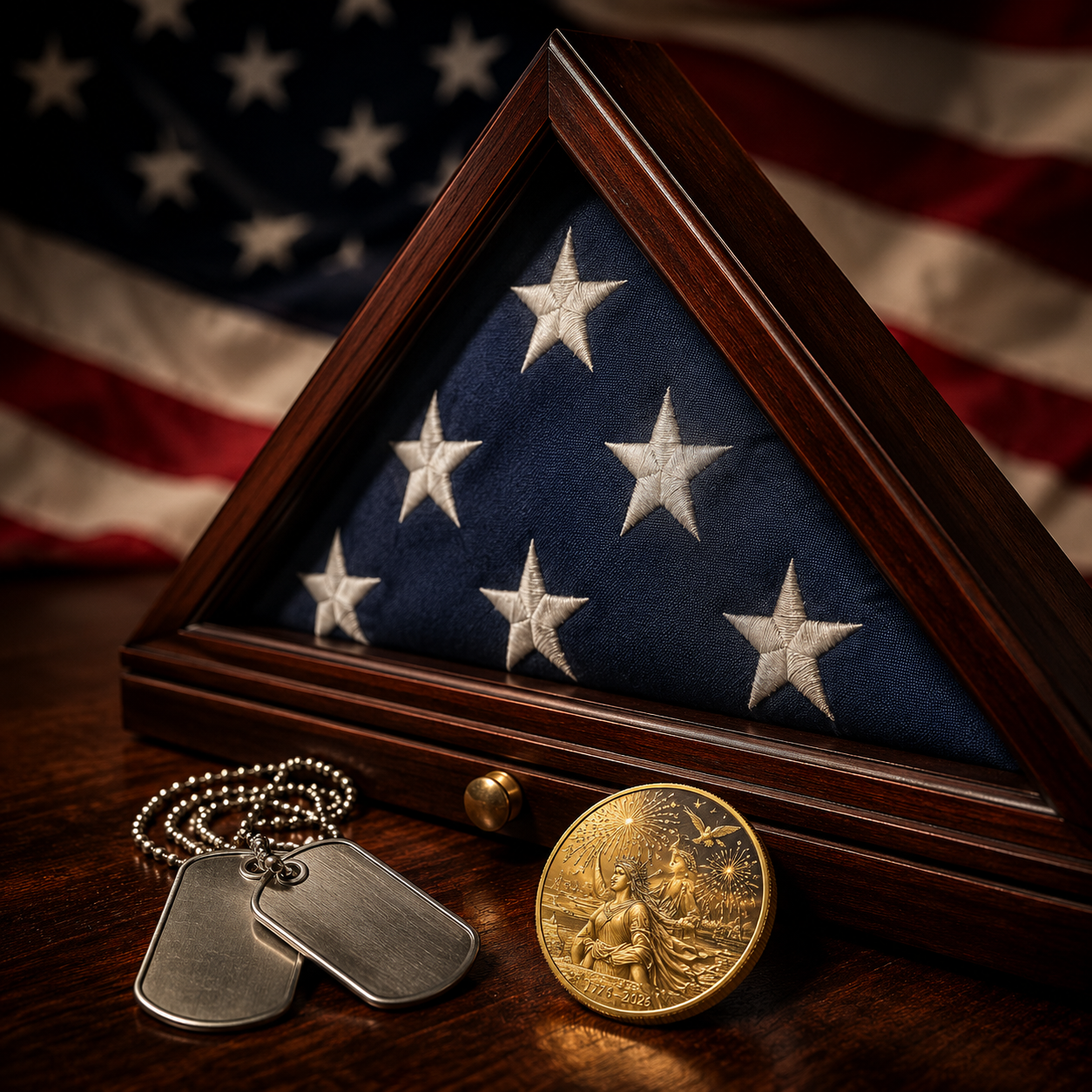 America 250 gifts for veterans — folded American flag in a wood display case with military dog tags and a 1776–2026 commemorative coin