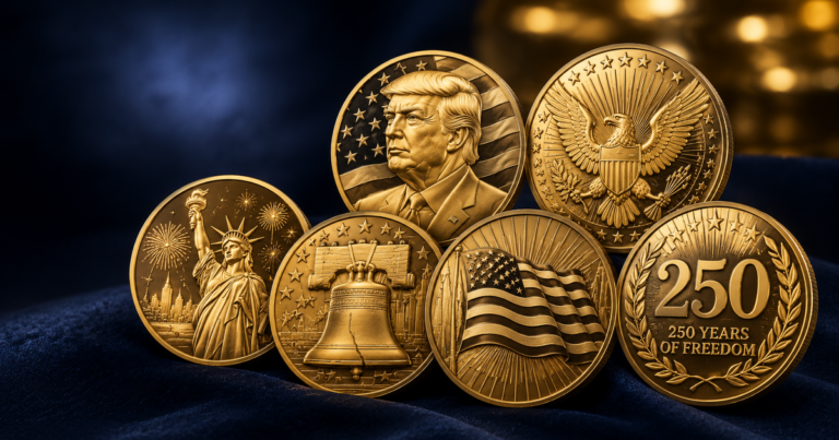 Gold America 250 commemorative coin collection on navy velvet — six 1776–2026 designs featuring the Statue of Liberty, a presidential portrait with the American flag, a bald eagle, the Liberty Bell, the Stars and Stripes, and a "250 Years of Freedom" coin.