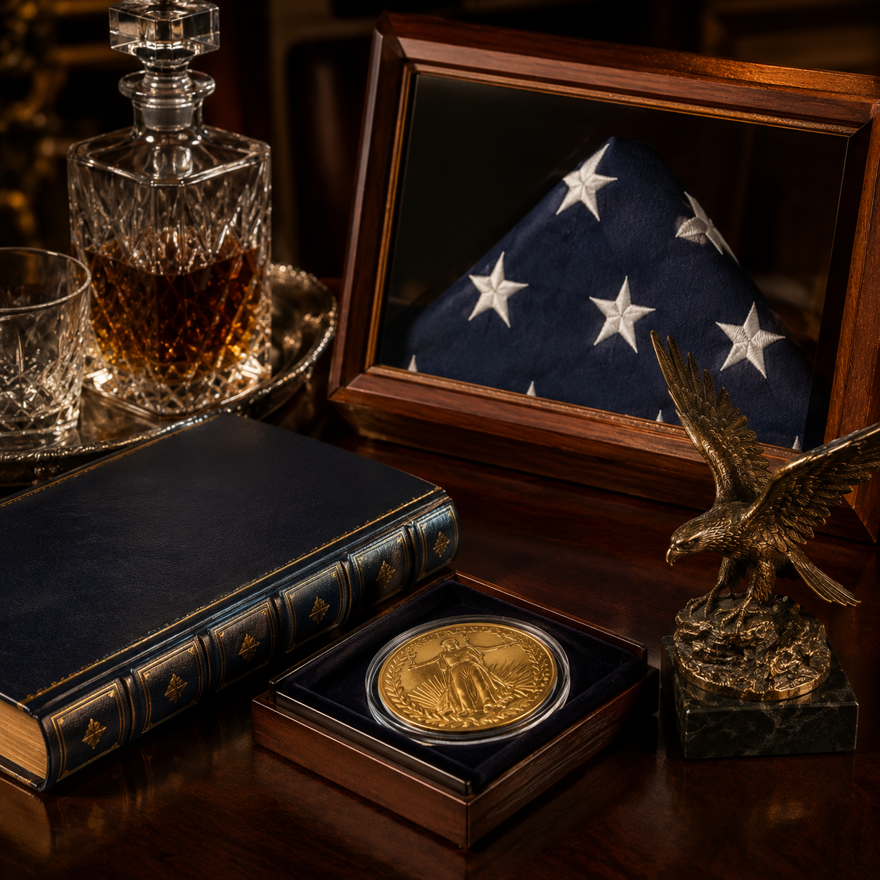 Best patriotic books for America's 250th — stacked American history books with classic founding-era cover art, a gold 250 commemorative coin and reading glasses on a rustic wood table