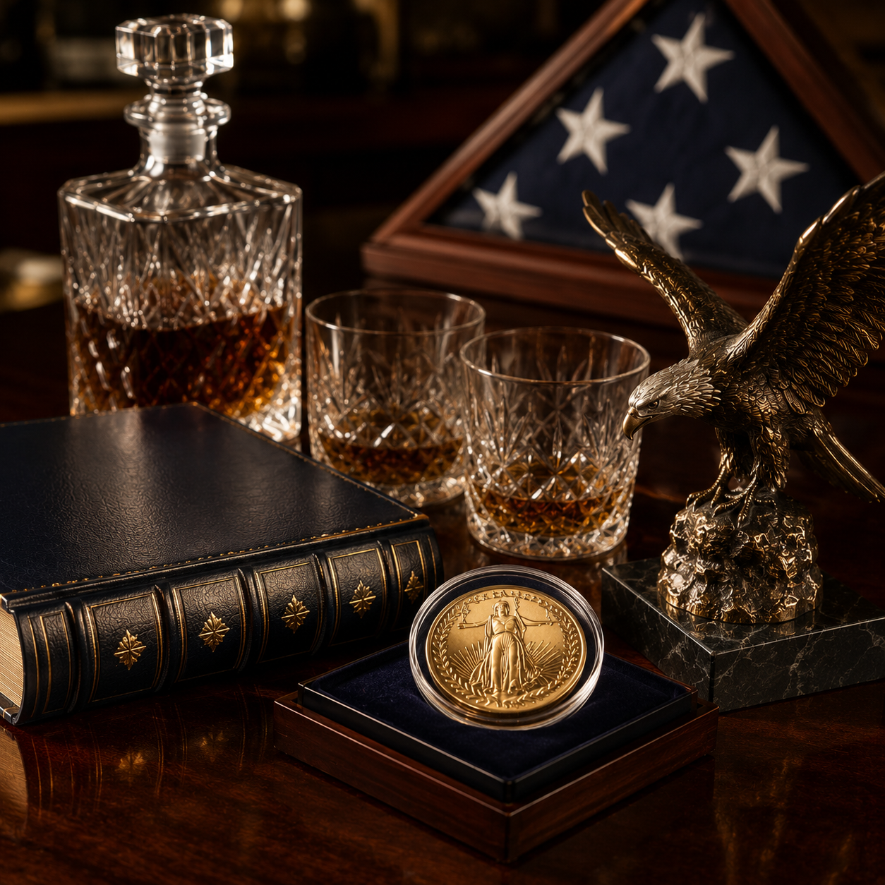 High-end America 250 heirloom gifts — leather-bound history book, gold proof coin, crystal decanter, bronze eagle, and a cased folded flag on a mahogany table for the 1776–2026 Semiquincentennial.
